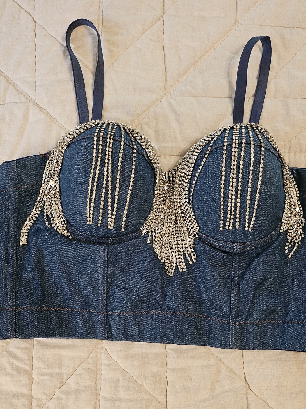 Bustier - Unbranded Denim Corset w/ Rhinestone fringe - Size M - Picture 9 of 12
